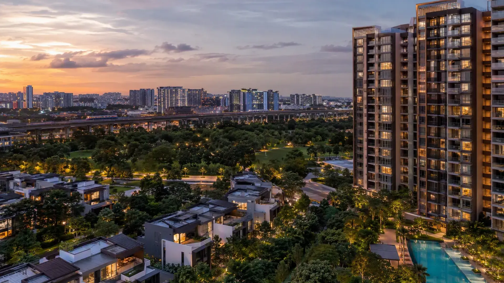 Dusk aerial view over the Woodlands precinct